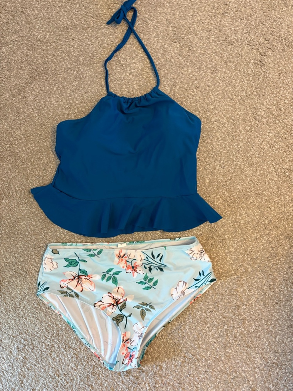 Teal Halter Ruffle Tankini Top with Floral High-Waist Bottoms